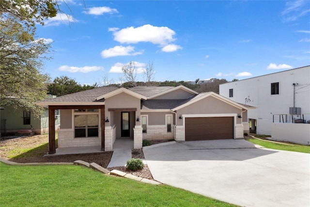 20701 Deep Crk, Lago Vista, TX 78645 - ranch-style house featuring stucco siding, a garage, concrete driveway, stone siding, and roof with shingles