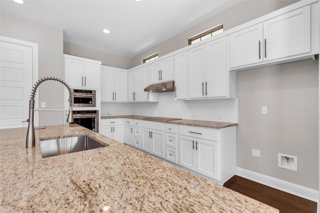 20701 Deep Crk, Lago Vista, TX 78645 - kitchen with a sink, baseboards, dark wood-style flooring, light stone counters, and white cabinetry