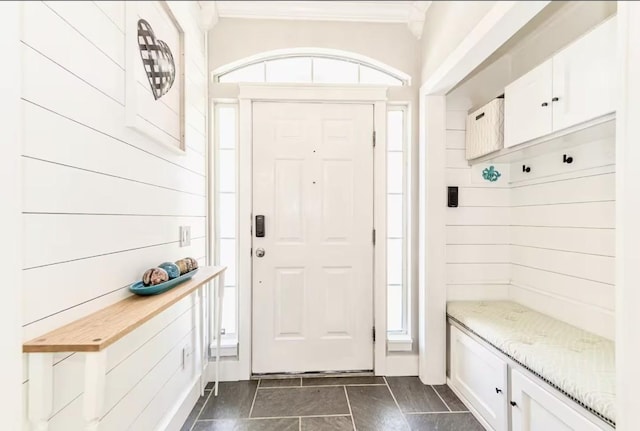 mudroom with crown molding