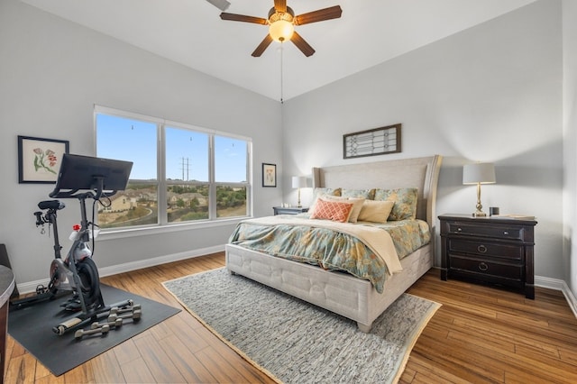 bedroom featuring ceiling fan and light wood-type flooring