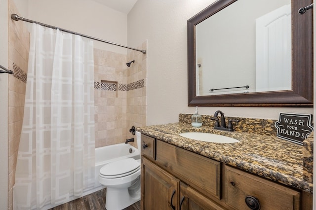 203 Serene Hilltop Cir, Lakeway, TX 78738 - bathroom with vanity, shower / bath combo, toilet, and wood finished floors