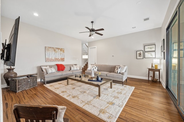 203 Serene Hilltop Cir, Lakeway, TX 78738 - living area with a ceiling fan, wood-type flooring, baseboards, stairs, and recessed lighting