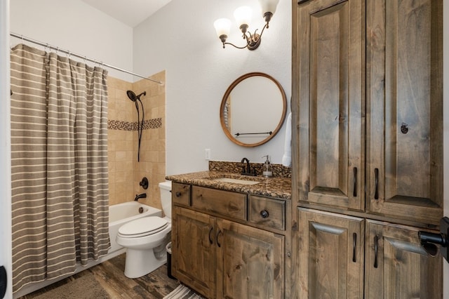 203 Serene Hilltop Cir, Lakeway, TX 78738 - bathroom featuring shower / bath combination with curtain, vanity, wood finished floors, and toilet