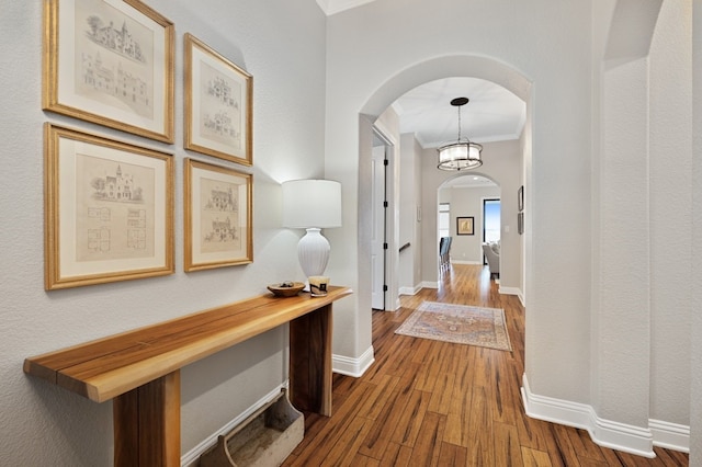 203 Serene Hilltop Cir, Lakeway, TX 78738 - hall featuring arched walkways, crown molding, dark wood-style floors, and baseboards