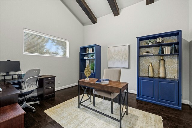 office space with beam ceiling, dark hardwood / wood-style flooring, and high vaulted ceiling