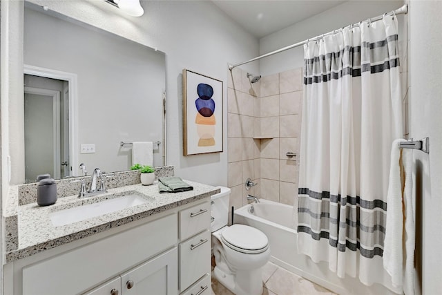 full bathroom featuring toilet, vanity, tile patterned floors, and shower / bathtub combination with curtain