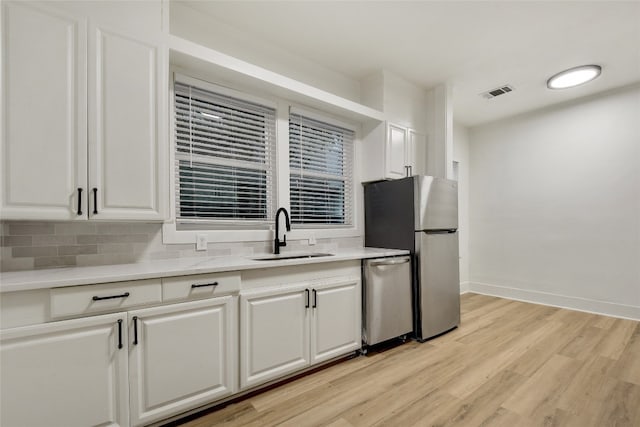 kitchen featuring white cabinets, sink, light wood-type flooring, appliances with stainless steel finishes, and tasteful backsplash