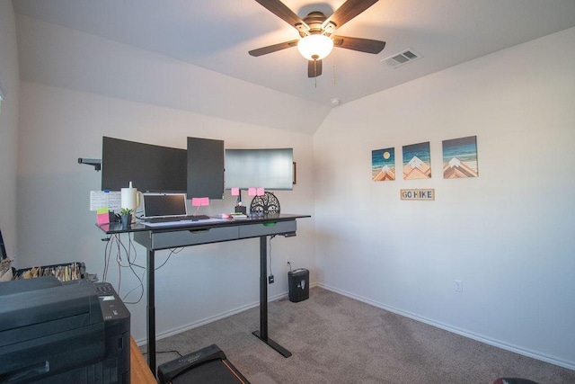 office area with ceiling fan, light colored carpet, and vaulted ceiling