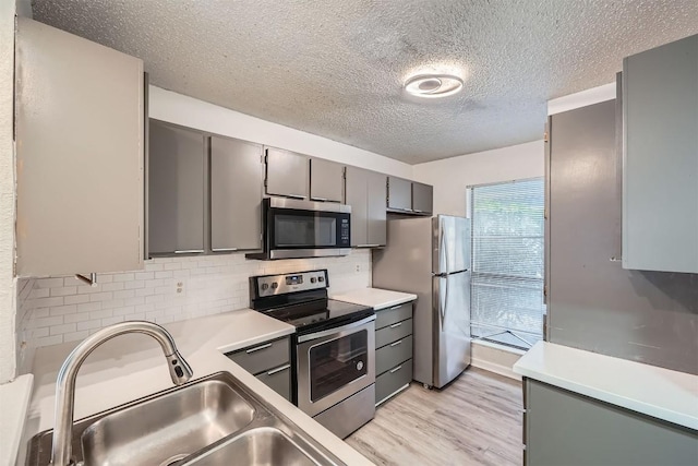 kitchen featuring sink, backsplash, light hardwood / wood-style floors, a textured ceiling, and appliances with stainless steel finishes