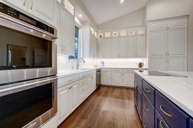 kitchen featuring lofted ceiling, dark hardwood / wood-style floors, blue cabinetry, white cabinetry, and stainless steel appliances