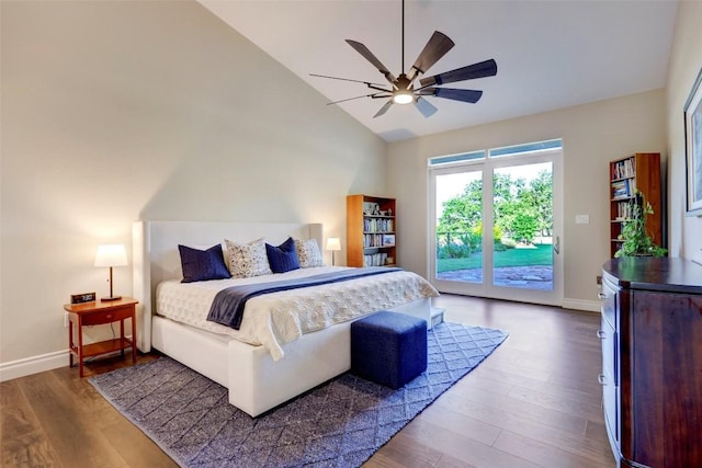 bedroom featuring access to outside, ceiling fan, high vaulted ceiling, and hardwood / wood-style flooring