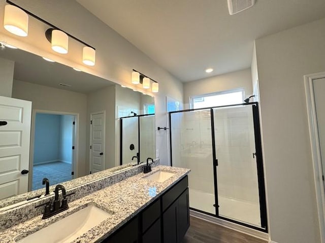 2143 Tobias Leo Way, Round Rock, TX 78665 - bathroom with a stall shower, double vanity, and wood finished floors