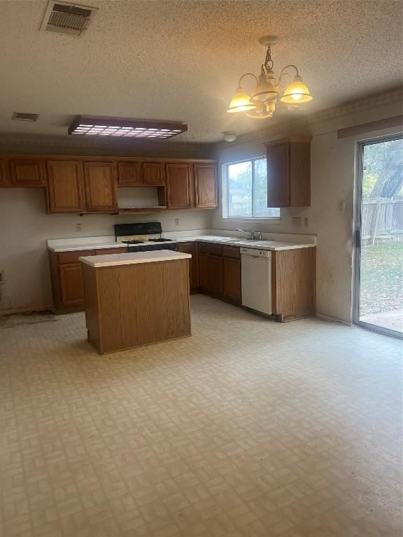 kitchen featuring hanging light fixtures, an inviting chandelier, ventilation hood, white appliances, and a kitchen island