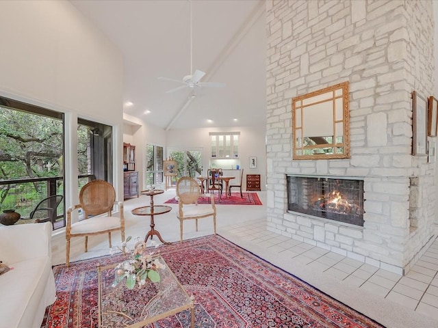 3901 Prentice Ln, Austin, TX 78746 - living room with high vaulted ceiling, ceiling fan, and a multi sided fireplace