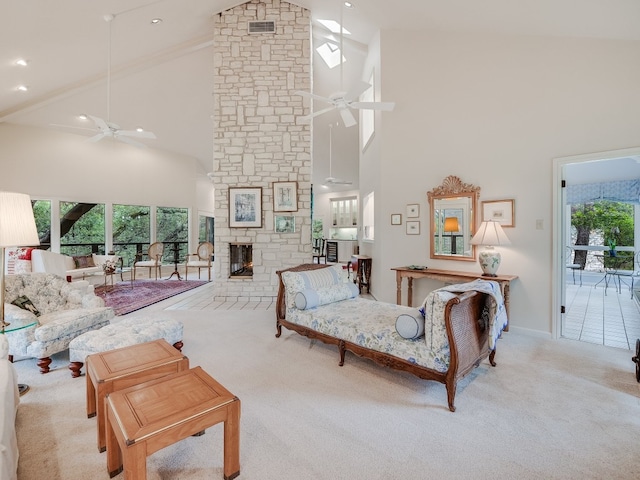 3901 Prentice Ln, Austin, TX 78746 - living room featuring ceiling fan, carpet flooring, high vaulted ceiling, a fireplace, and recessed lighting
