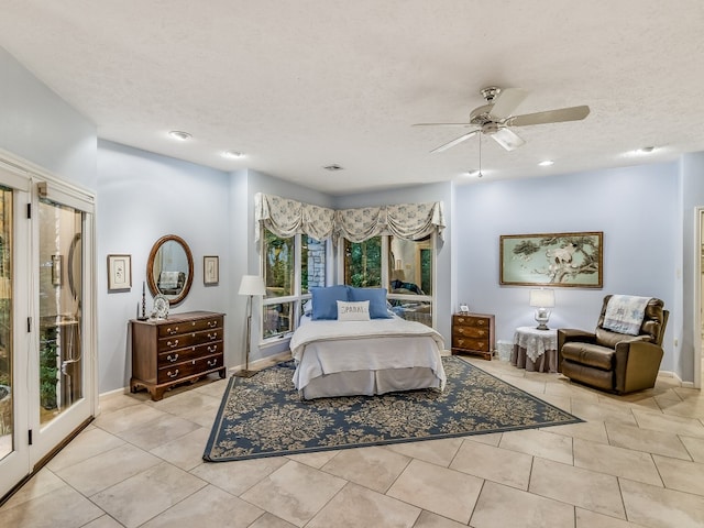 3901 Prentice Ln, Austin, TX 78746 - bedroom featuring access to exterior, tile patterned floors, a ceiling fan, a textured ceiling, and recessed lighting