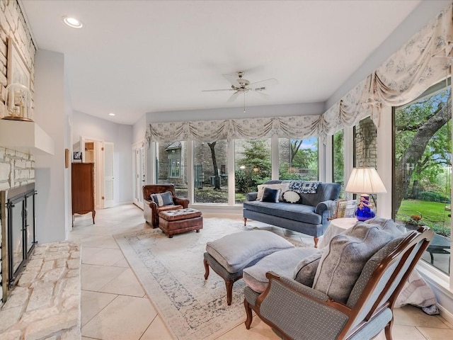 3901 Prentice Ln, Austin, TX 78746 - living room with ceiling fan, light tile patterned floors, a fireplace, and recessed lighting