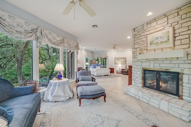 3901 Prentice Ln, Austin, TX 78746 - living area with ceiling fan, recessed lighting, and a large fireplace
