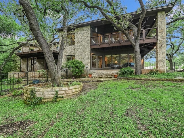 3901 Prentice Ln, Austin, TX 78746 - back of property with a balcony and stone siding