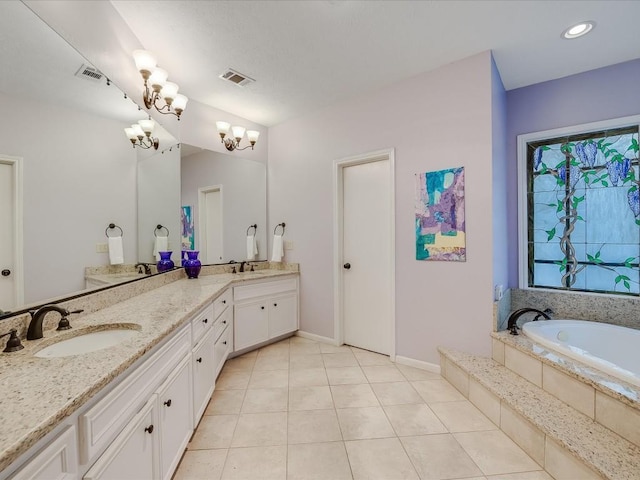 3901 Prentice Ln, Austin, TX 78746 - bathroom featuring double vanity, a garden tub, a chandelier, and tile patterned flooring