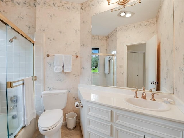 3901 Prentice Ln, Austin, TX 78746 - bathroom featuring vanity, wallpapered walls, shower / bath combination with glass door, and tile patterned flooring