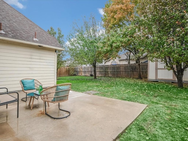 view of patio featuring a storage shed