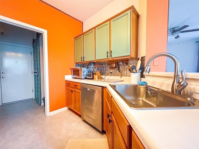 kitchen with stainless steel dishwasher, ceiling fan, and sink