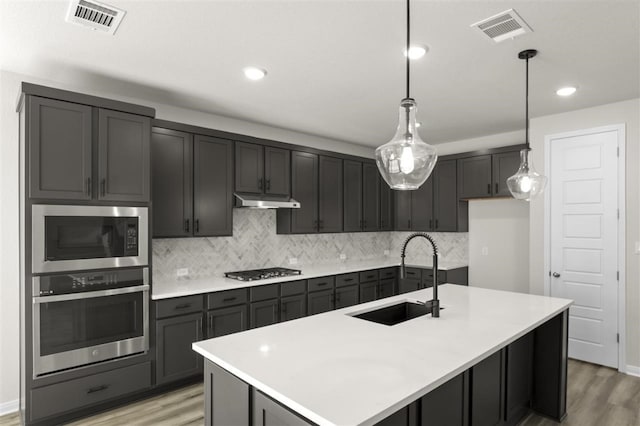 113 Wagon Spoke Way, Liberty Hill, TX 78642 - kitchen featuring appliances with stainless steel finishes, light wood-style floors, decorative backsplash, and recessed lighting