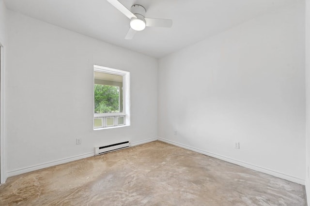 unfurnished room featuring ceiling fan and a baseboard heating unit