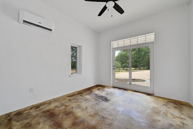 unfurnished room featuring ceiling fan and an AC wall unit