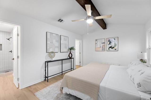 bedroom featuring vaulted ceiling with beams, ceiling fan, and light wood-type flooring