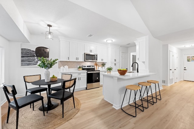 kitchen featuring white cabinetry, appliances with stainless steel finishes, kitchen peninsula, pendant lighting, and decorative backsplash