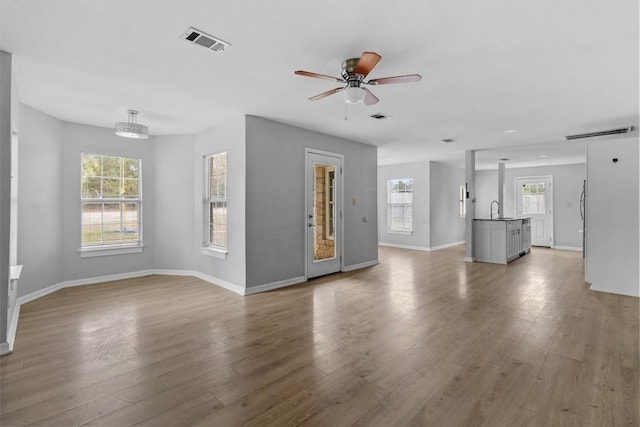 unfurnished living room featuring light wood-type flooring, sink, and a wealth of natural light