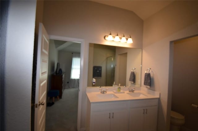 bathroom with vanity, toilet, and lofted ceiling