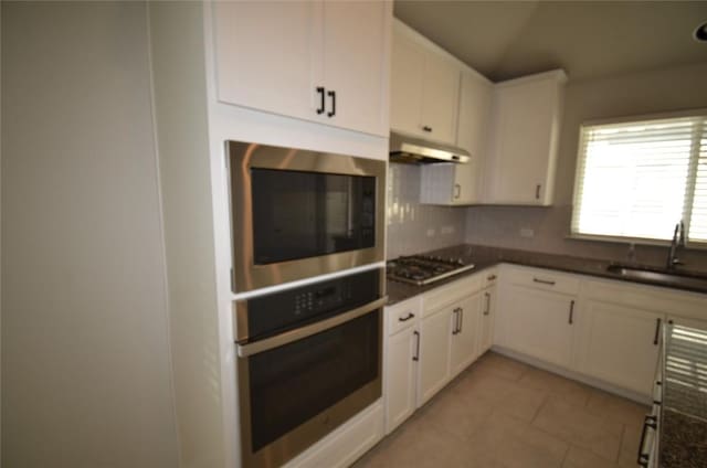 kitchen with a sink, dark countertops, under cabinet range hood, and stainless steel appliances