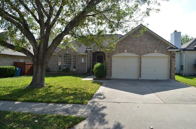 ranch-style home with a garage and a front lawn