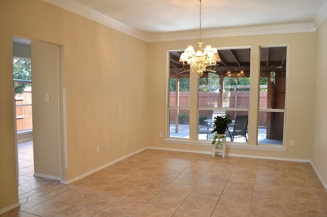 unfurnished dining area featuring a notable chandelier, light tile patterned floors, and crown molding