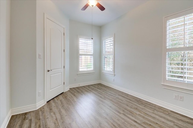 spare room with ceiling fan, light hardwood / wood-style floors, and a wealth of natural light