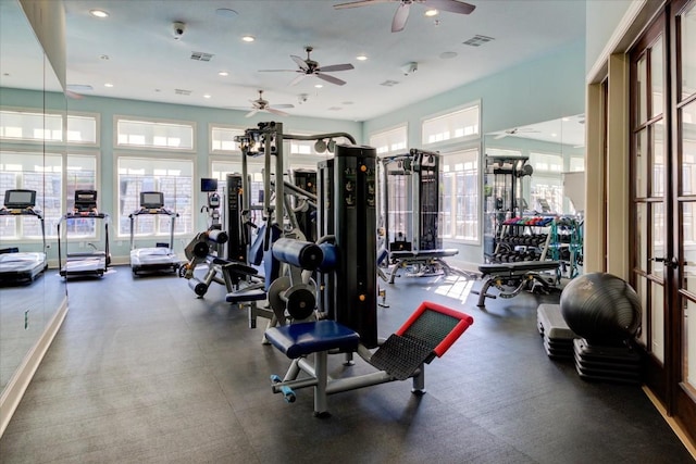 workout area with ceiling fan