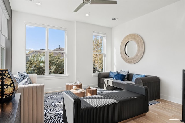 living room with a wealth of natural light, ceiling fan, and light hardwood / wood-style flooring