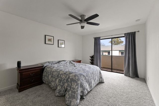 bedroom featuring carpet flooring, access to outside, and ceiling fan