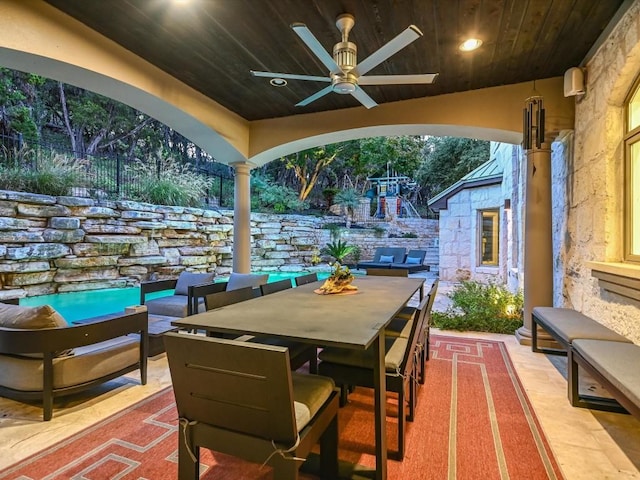 3001 Pescadero Cv, Austin, TX 78746 - view of patio with a ceiling fan, outdoor dining space, and fence