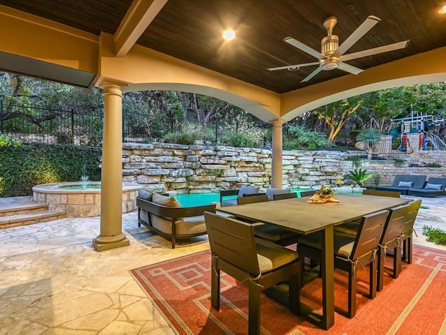 3001 Pescadero Cv, Austin, TX 78746 - view of patio / terrace with outdoor dining area, ceiling fan, and fence