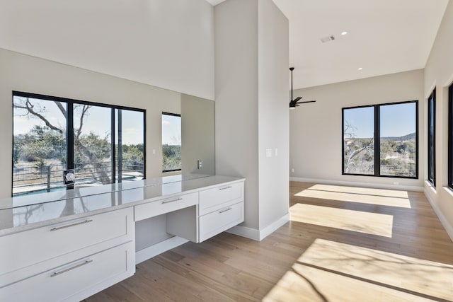 interior space featuring ceiling fan, light hardwood / wood-style flooring, and built in desk