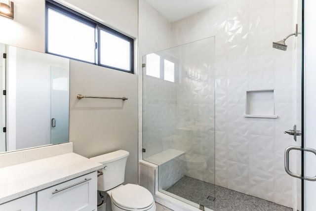 bathroom with vanity, toilet, and a shower with door