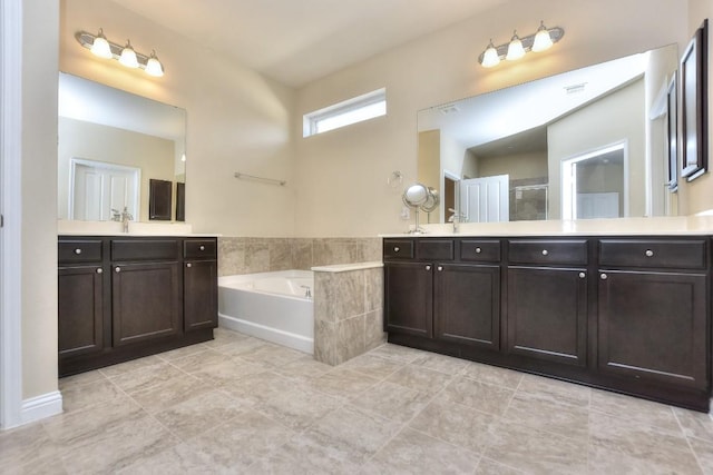 bathroom with plus walk in shower and vanity