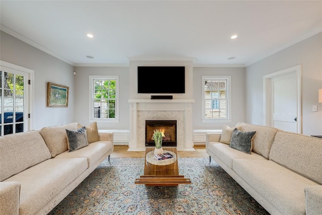 living room with a fireplace, a wealth of natural light, and hardwood / wood-style floors