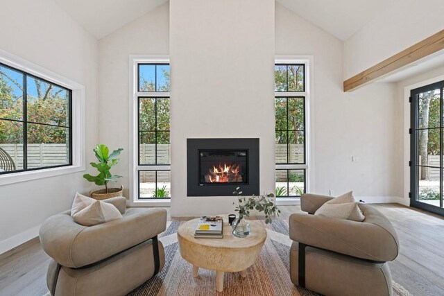 living room featuring light wood-type flooring and high vaulted ceiling