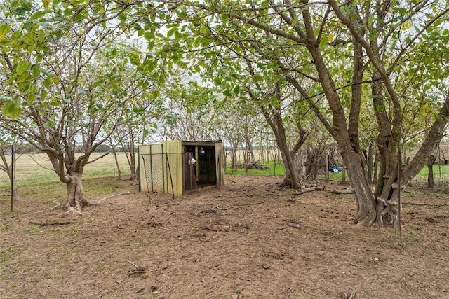 view of yard with a rural view and a storage unit