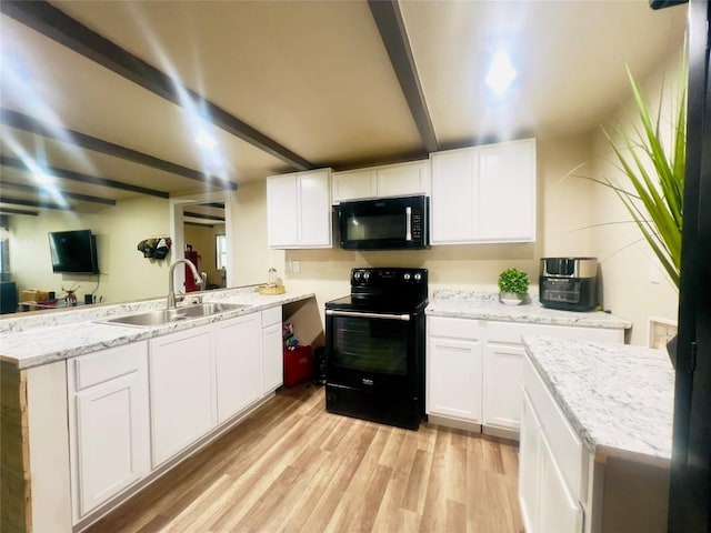 kitchen with kitchen peninsula, sink, black appliances, light hardwood / wood-style flooring, and white cabinetry